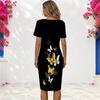 Women Plus Size Black Pink Butterfly Floral Printed Round Neck Short Sleeve Fitted Dress