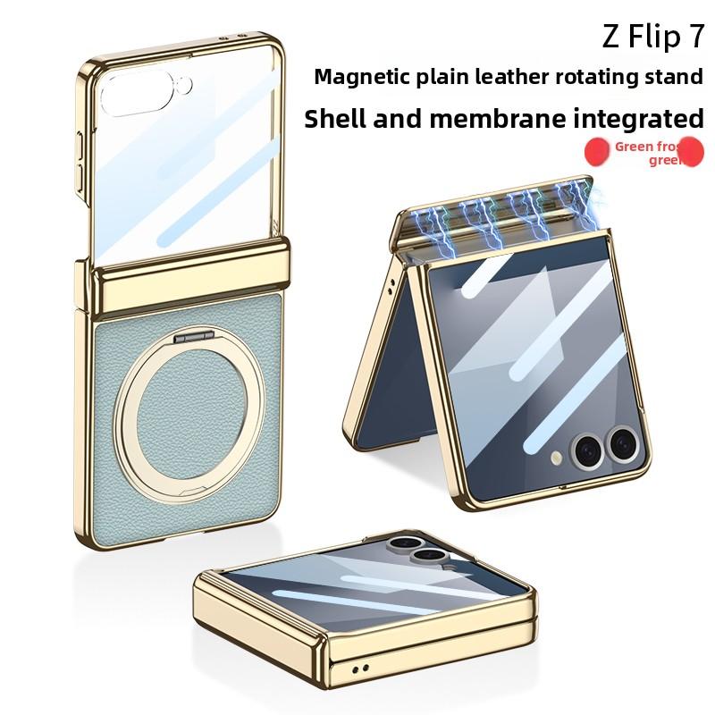 Для Samsung Galaxy Z Flip 7 Чехол Роскошная Кожа PU Кожа Шарнир MagSafe Магнитное Кольцо Подставка Защитная Задняя Крышка Для Z Flip7 Чехол