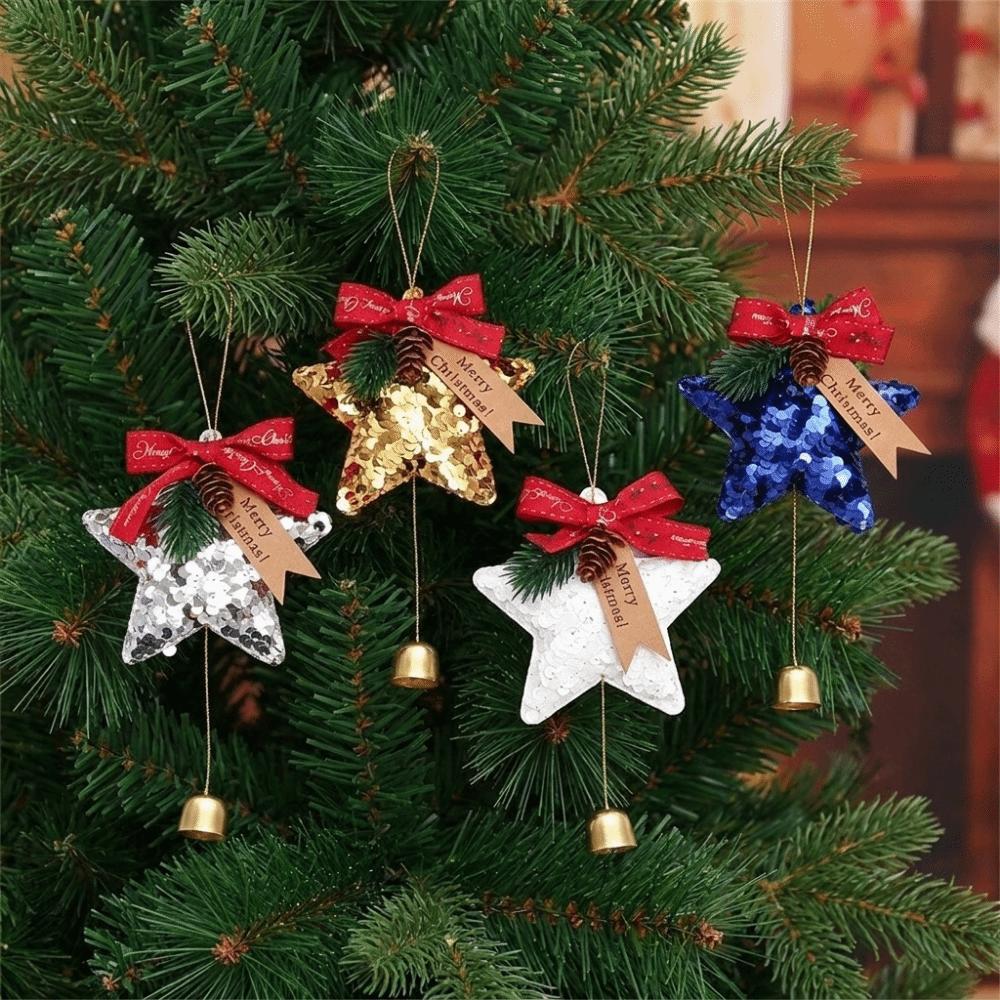 Multi‑Color Star Christmas Ornament Sequins Decorative Sequin Star Hanging Pendant with Bow Pine Cone Bell