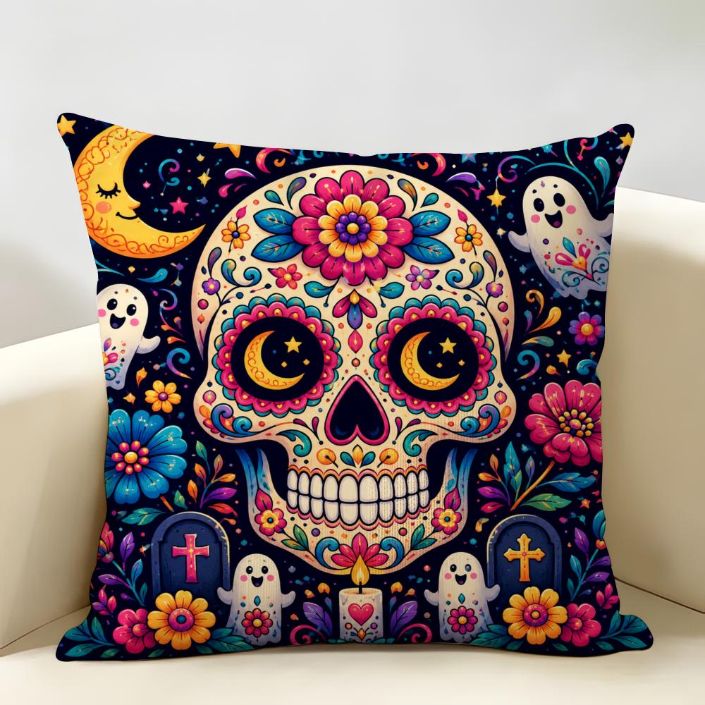Halloween Sugar Skull Cushion Cover Durable Hypoallergenic Organic Linen Pillow Cover Short Size Washable Skin-Friendly