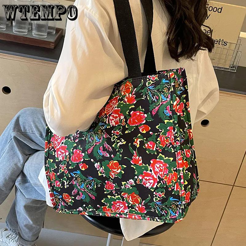 WTEMPO Retro Large Capacity Floral Printed Bags Casual Versatile Singer Shoulder Bags Women's Travel Beach Shopping Handbags