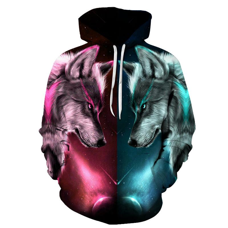 Женский и мужской пуловер с волком, верхняя одежда, 3D цифровая печать, толстовка с капюшоном для пар, толстовка с капюшоном и длинными рукавами в виде животных, свободные карманные повседневные пуловеры