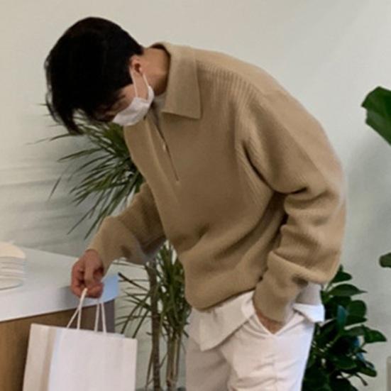 Осень-зима мужской свитер с отложным воротником и полумолнией, длинные рукава, однотонный свободный трикотажный топ, повседневная одежда, школьный рабочий трикотаж