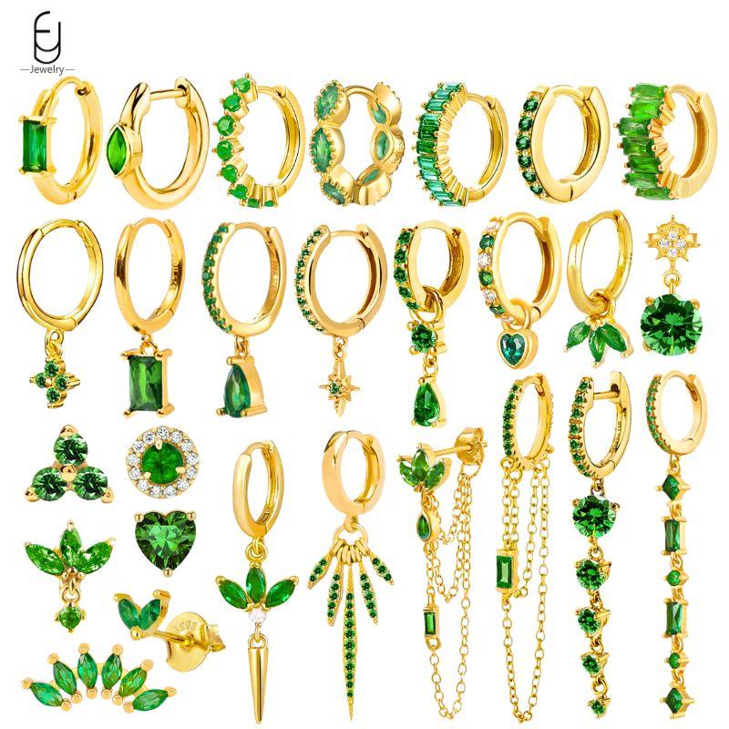 Серьги из стерлингового серебра 925 пробы с зеленым цирконом, золотые серьги-кольца в форме сердца для женщин, изящные пусеты, роскошные ювелирные изделия, подарки