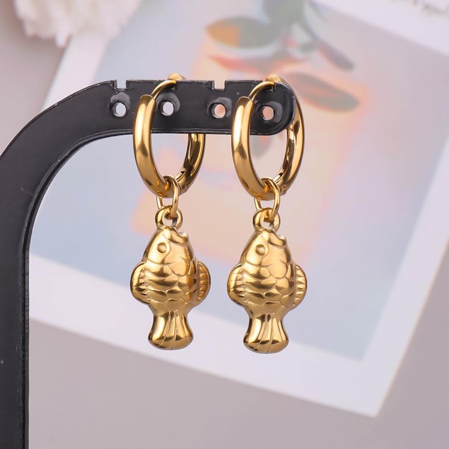 Funny Animal Dangle Earring Real Gold Plated Sea Horse Butterfly Dog Bone Stainless Steel Round Earrings For Women Men Piercing