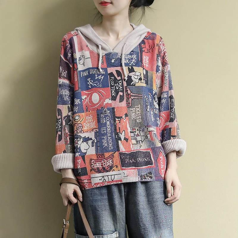 Knit Hooded Sweatshirt Loose Printed Sweater Jacket Literary Retro Casual Fashion Sweatshirt