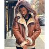 Brown Large Fur Collar Hooded Velvet Thickened Men's Leather Jacket