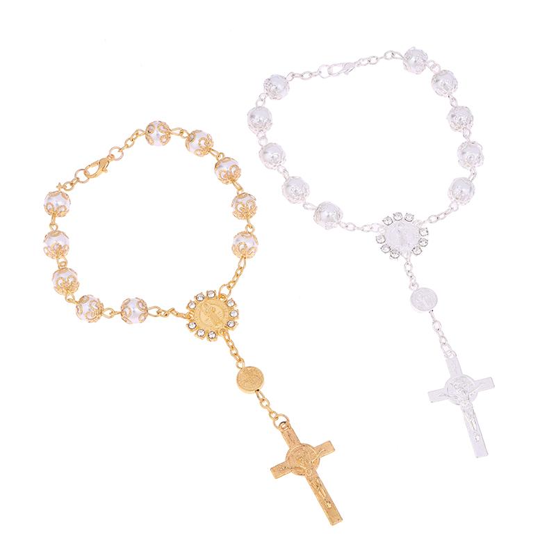 Car Pendant Bling Retro Imitation Pearl Metal Jesus Cross Car Rear View Mirror Hanging Ornament Cross Hanging Decoration