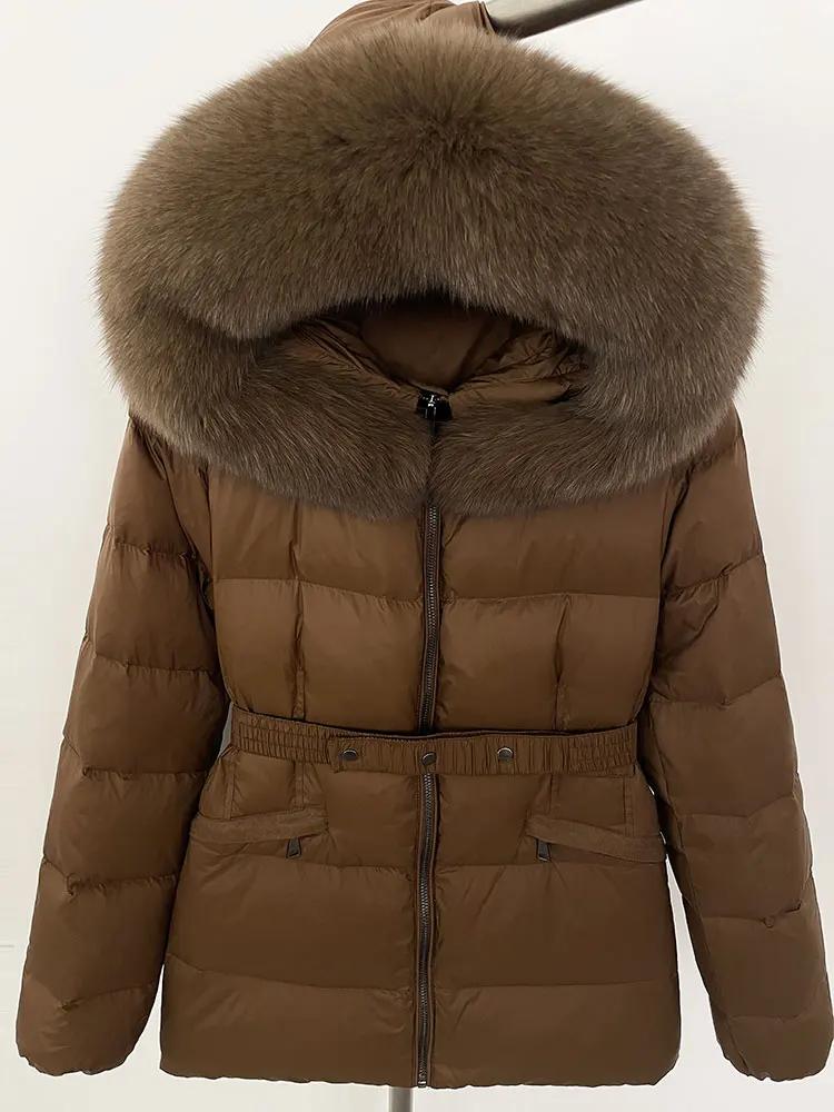 OFTBUY 2024 Winter Jacket Women Natural Real Raccoon Fox Fur Collar Hooded White Duck Down Coat Belt Thick Warm Casual Outerwear