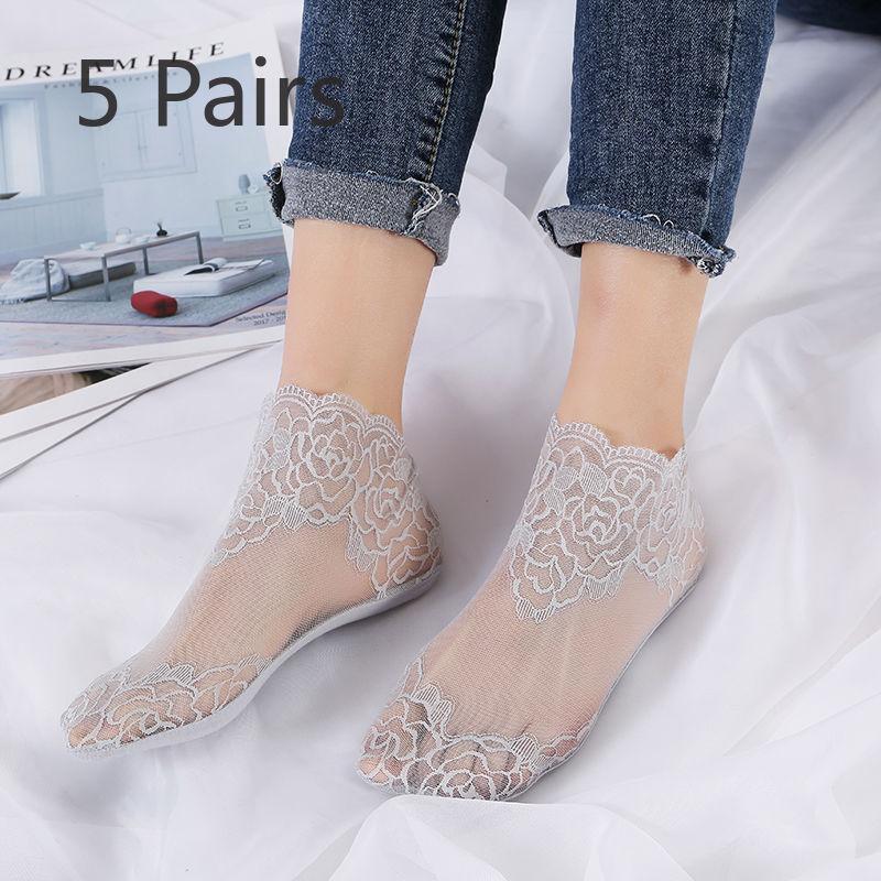 5 пар летних кружевных носков, женские кружевные носки, сетчатые дышащие носки-лодочки, ультратонкие нескользящие низкие носки