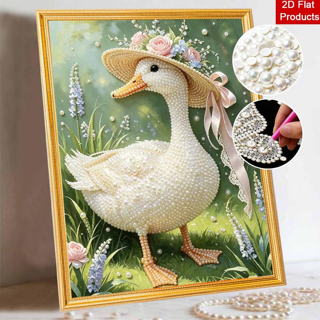 Pearl painting kit features elegant duck with floral hat 5D pearls mosaic art style home wall decoration.