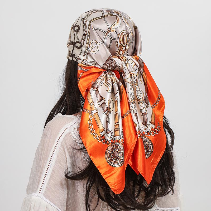 Luxury Brand 90cm Square Silk Scarf Women Shawls Wraps Hijab Scarves Print Kerchief Femme Head Scarf Foulard Bandana Beach Pareo