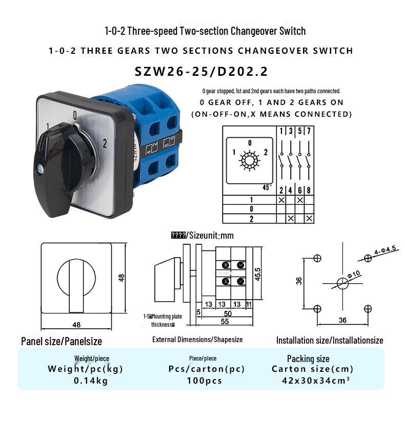 Zhuochao SZW26-25/D202.2 Universal Rotary Switch, 3-Speed, 2-Section, Two-Open One-Close, 102 Panel