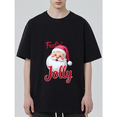 Рождественская футболка Черное лицо Санта-Клауса и текст Feelin Jolly Праздничная одежда для вечеринки