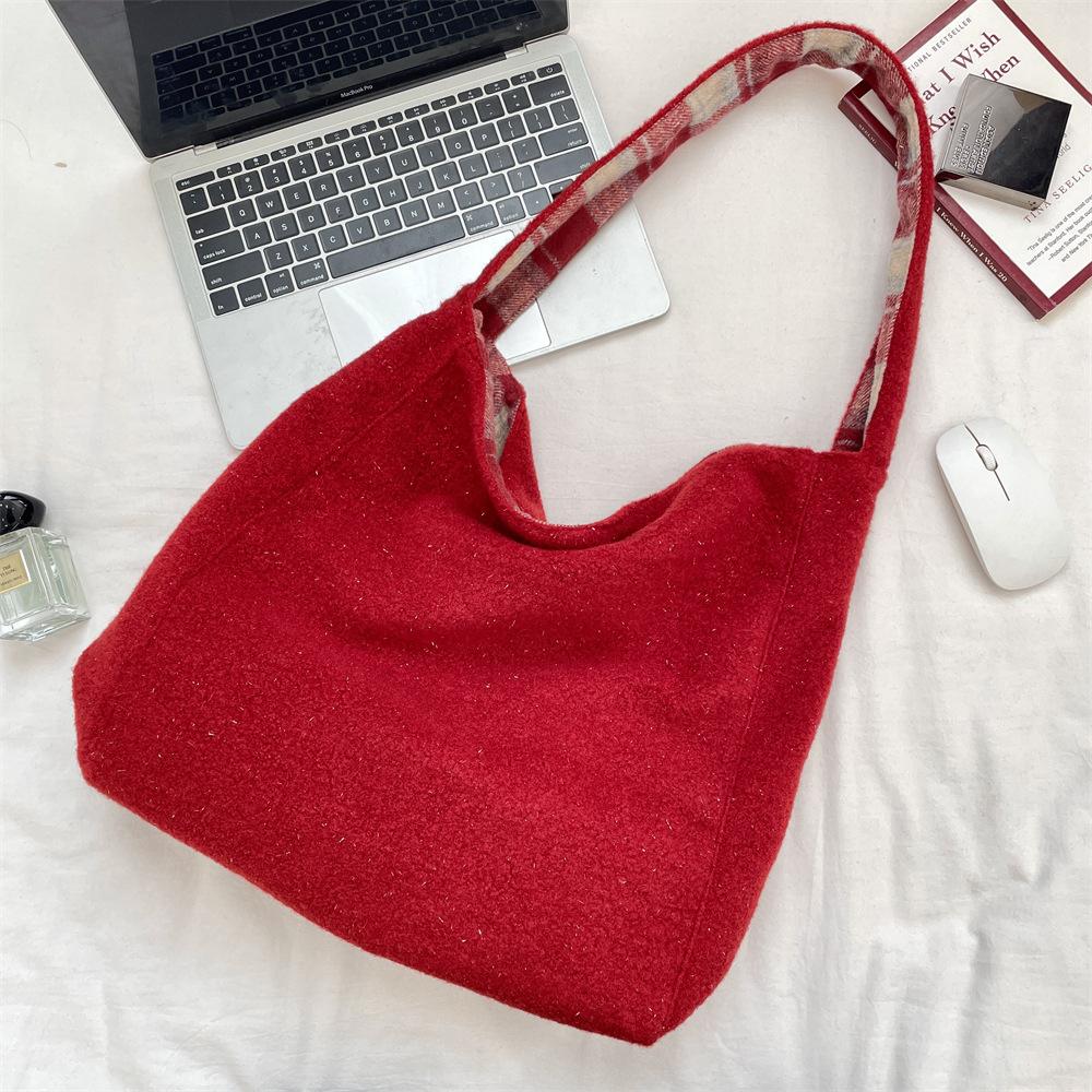 Small Fresh Plaid Double-sided Back Plush Women's Shoulder Bags Simple Solid Color Ladies Handbag Large Capacity Female Tote Bag