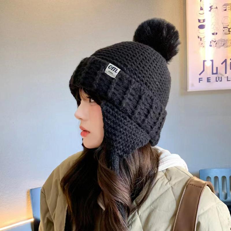 Женская модная осенне-зимняя универсальная шерстяная шапка в корейском стиле, с защитой ушей и теплая, милая вязаная шапка с шерстяным помпоном, шапка-пуловер от холода
