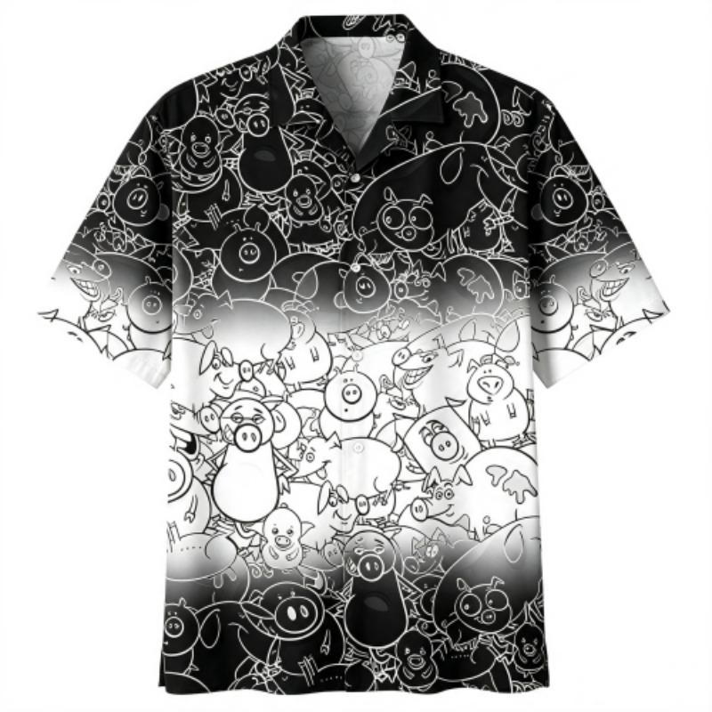 Animal Pink Pig Printing Shirt Hawaiian Beach Vacation Clothing Men's Street Style Shirt Daily Men's and Women's Shirt