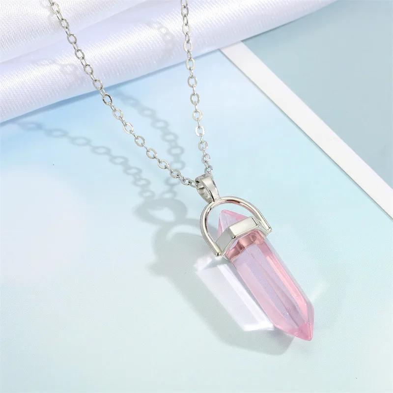 Hexagonal Column Pointed Reiki Chakra Natural Stone Pendant Necklace Women Girl Gift18inch Chain Lapis Opal Chunky Jewelry