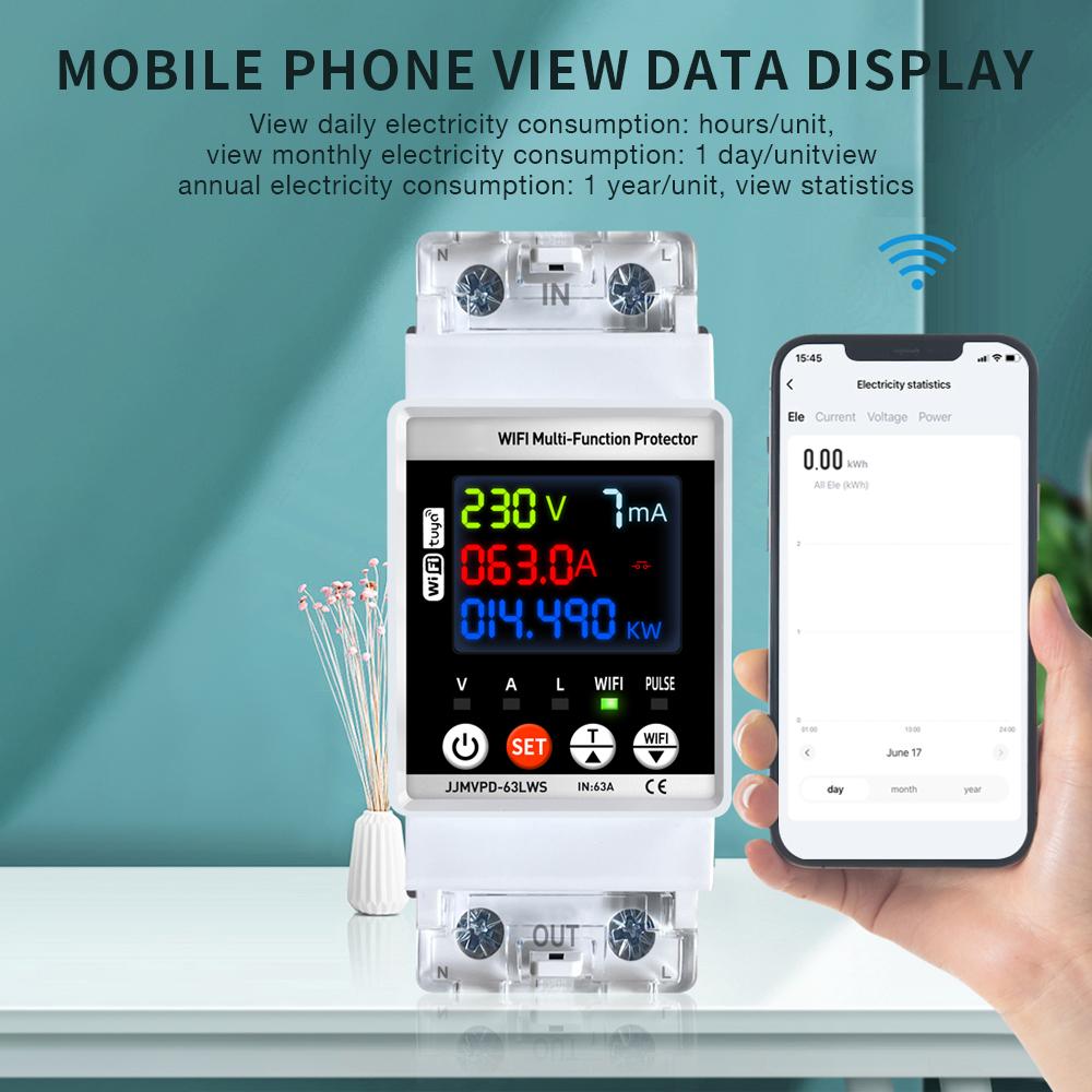 Tuya WiFi Energy Meter, 63A Multifunction Smart Energy Meter Circuit Breaker Overcurrent Protection