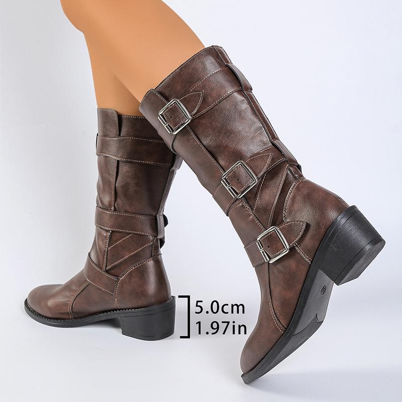 Модные женские однотонные слипоны ботинки рыцаря Осень Зима Массивный каблук Средней длины голенище Ботас Мухер Ремешок с пряжкой Искусственная кожа Мотоциклетные ботинки