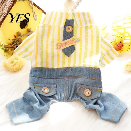Spring Dog Clothes Striped Shirt Pet Jumpsuit, Four-Legged Clothes, Denim Pants Breathable Jumpsuit Outfit, Stylish Onesie for Small Dogs Active