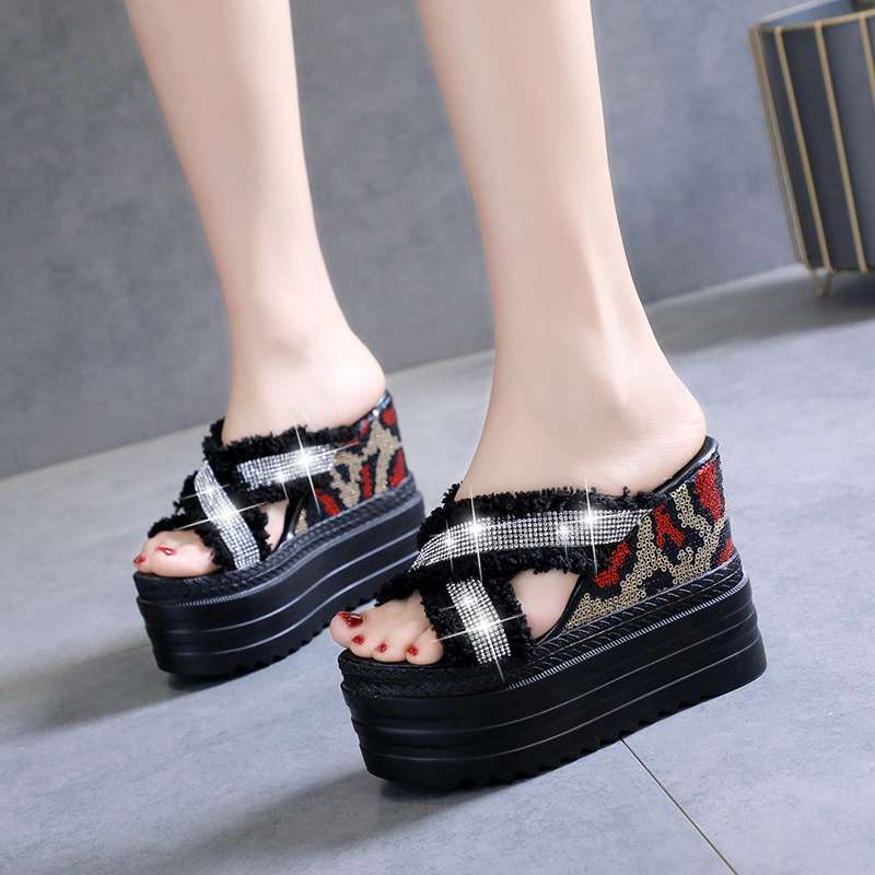 Slippers Women's Outer Wear 2020 Summer New Fashion Versatile Cross High Heel Thick Bottom Slope Heel Heightening Sandals Tide