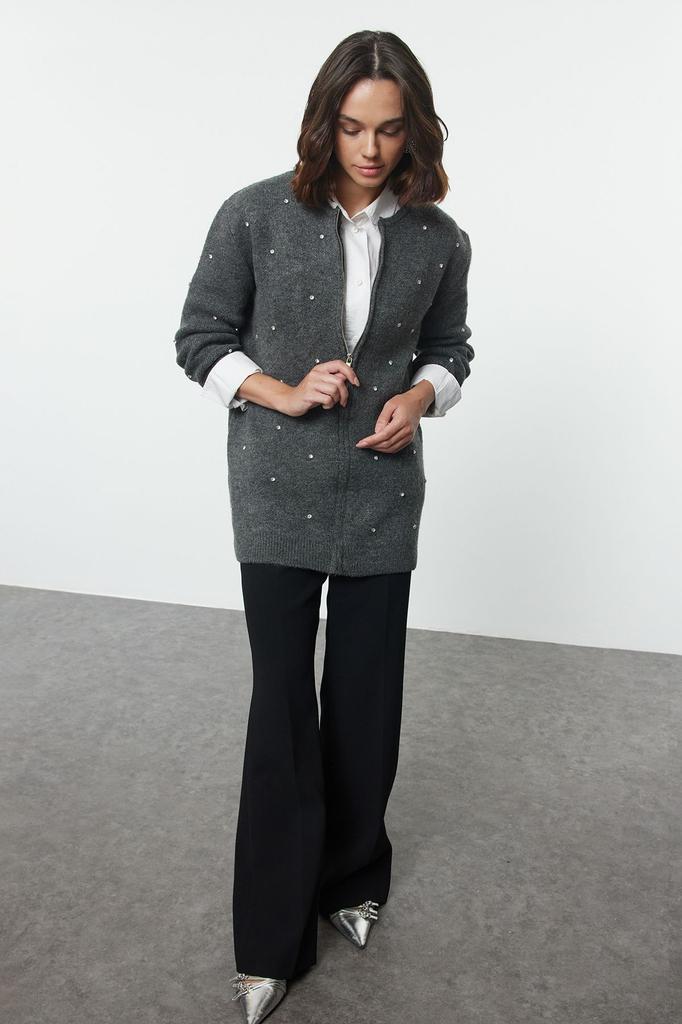 Женский модный стильный кардиган в хиджабе, серый трикотажный кардиган на молнии с деталью из камня