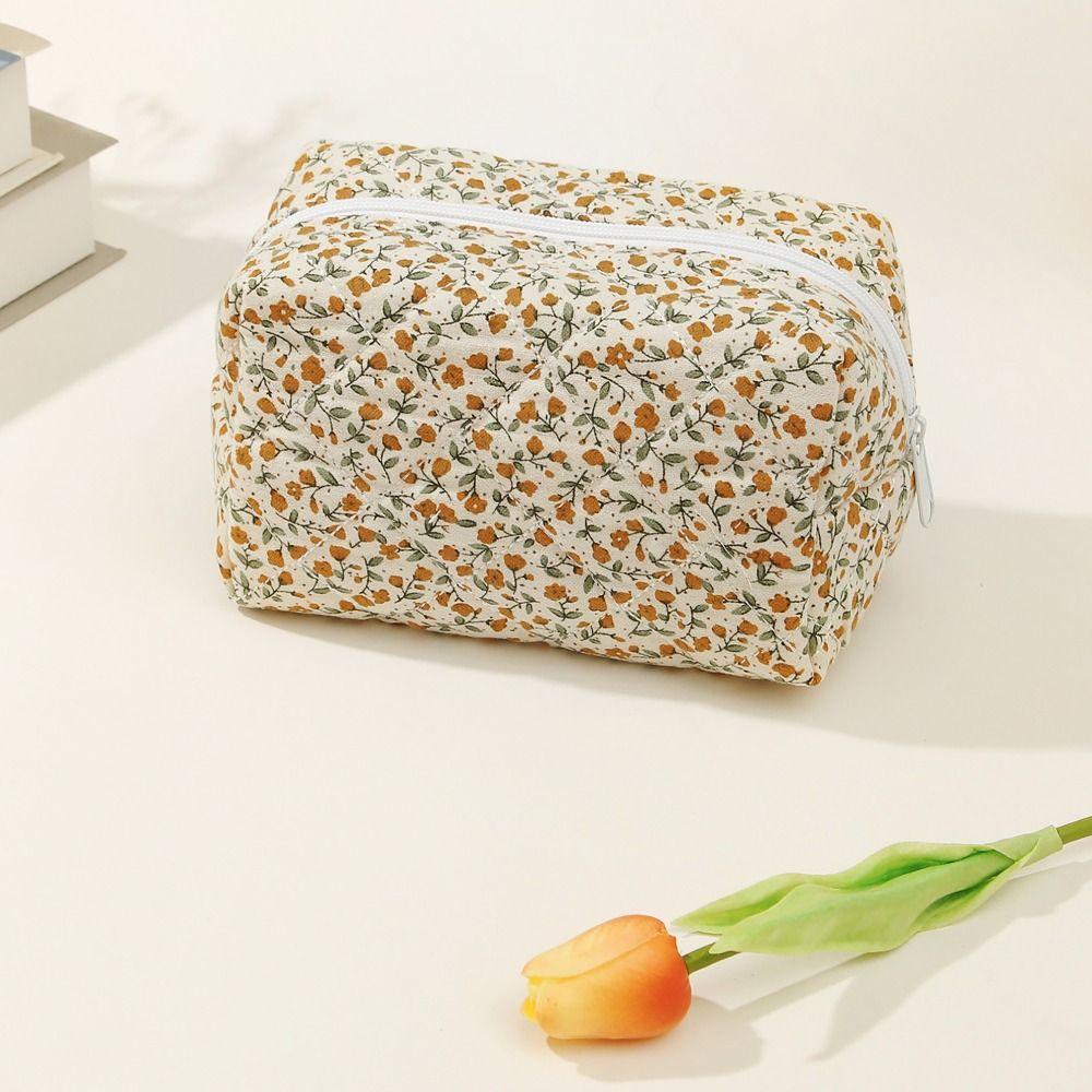 Cotton Floral Puffy Quilted Makeup Bag Flower Printed Toiletry Handbag  Women Girls