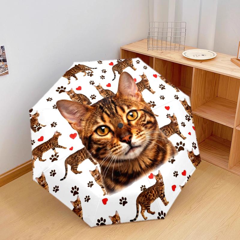 1 шт. Автоматический складной зонт - Узор с милыми кошками и кроликами, Портативный и складной дизайн с 8 спицами, Рождественские и новогодние подарки