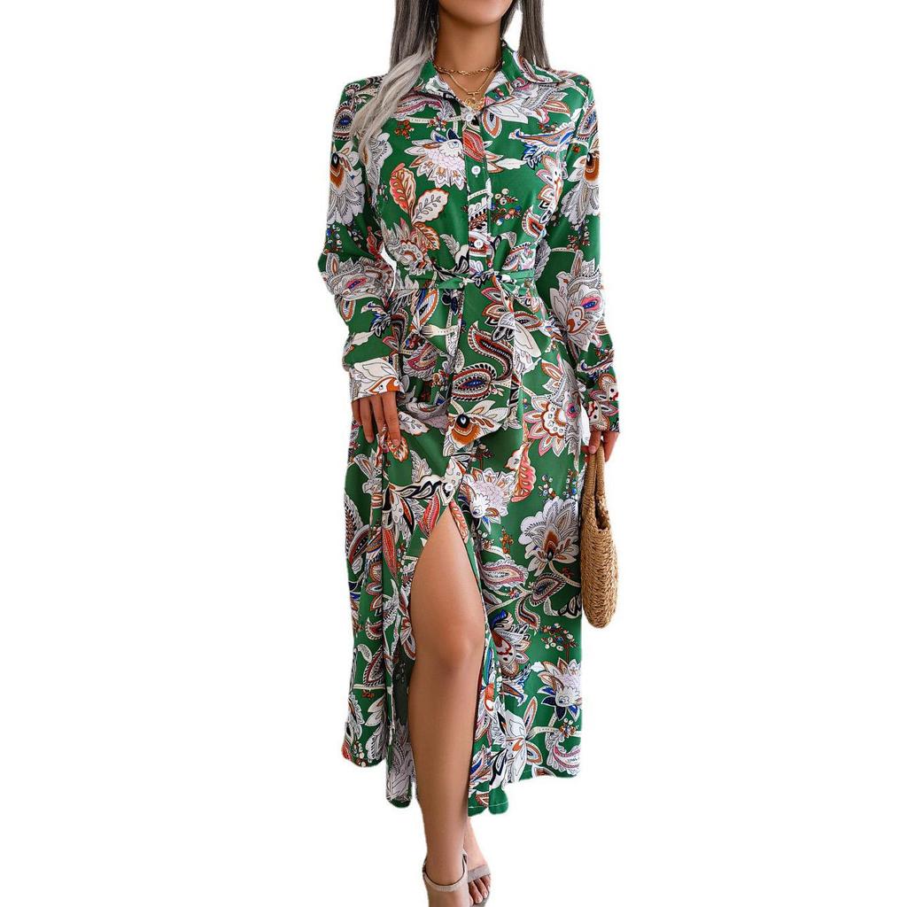 Spring Summer Women Fashion Floral Collar Full Sleeve Tie Up All Match Print Shirt Dress