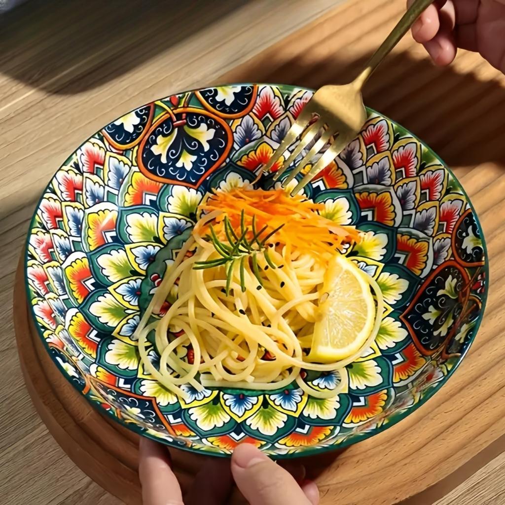 Круглая керамическая тарелка в богемном стиле Креативная неглубокая тарелка Изысканная тарелка для стейка высокого класса Тарелка для пасты 10 дюймов