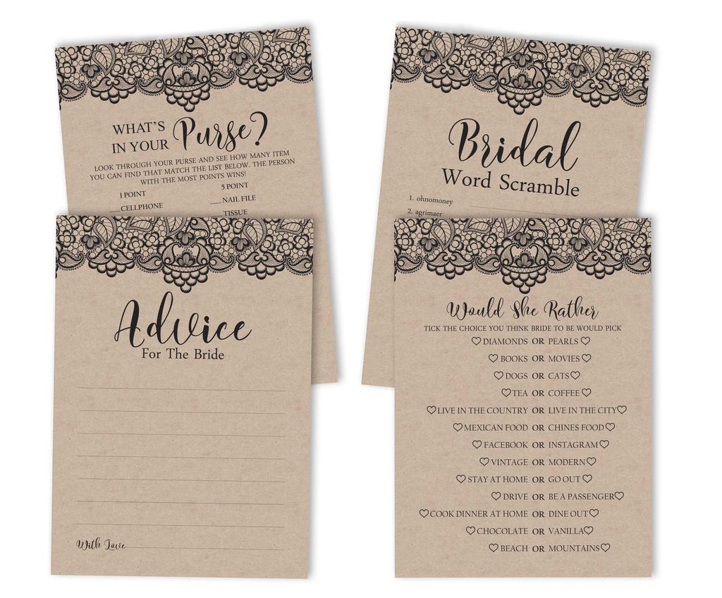 Inkdotpot Bachelorette Party Games Set Bundle Victorian Black Lace Kraft Of 4(50 Sheets Each) w Miss to Mrs Gold Banner Fun Bridal Shower Games