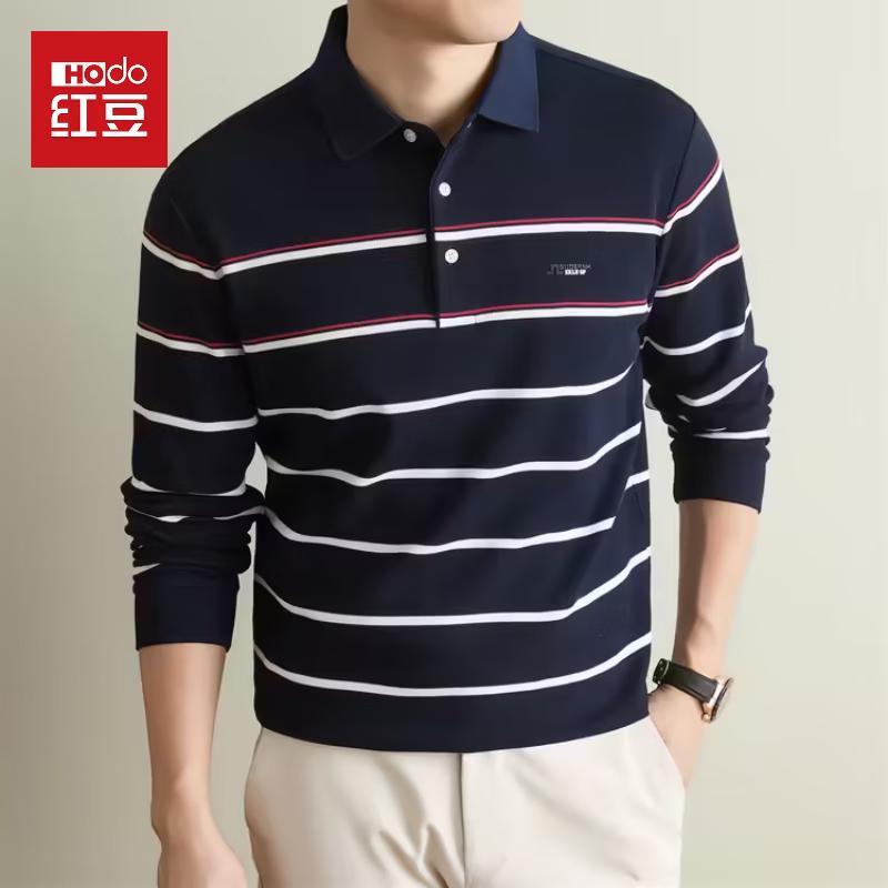 Hongdou Men's Long-Sleeve Striped Polo Shirt
