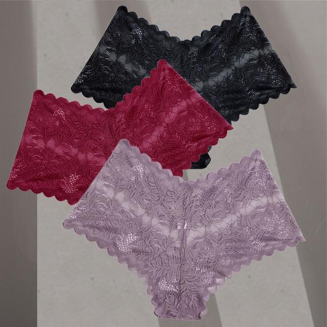 FINETOO 3Pcs Women Sexy Low Waist Lace Boyshort Floral Panties S-XL Girls Hollow Out Underwear Ladies Comfortable Underpants Female Lingerie