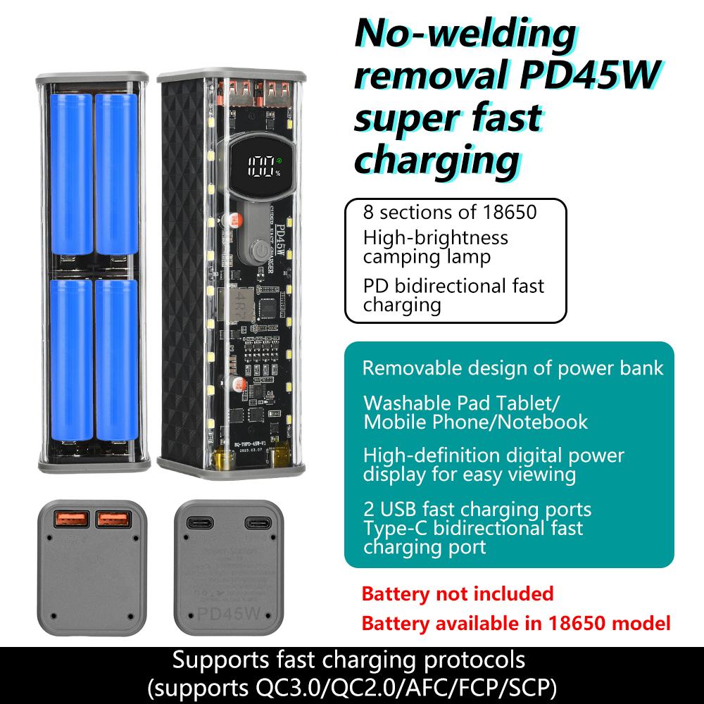 45 Вт 8*18650 Прозрачный корпус Power Bank DIY Электронный набор со светом Цифровой дисплей Быстрая зарядка Аккумуляторный бокс USB TypeC