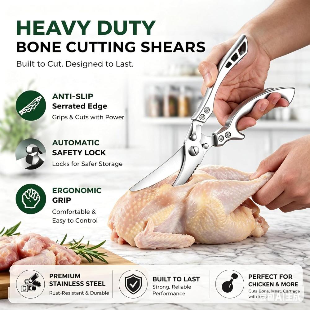 2026 New Stainless Steel Bone-Cutting Kitchen Scissors, Heavy-Duty Bone Scissors with Safety Lock, Spring-Assisted 2-in-1 Kitchen Scissors