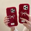 Бордовый плюшевый чехол с бантом для iPhone 15, iPhone 16, iPhone 17 Pro Max