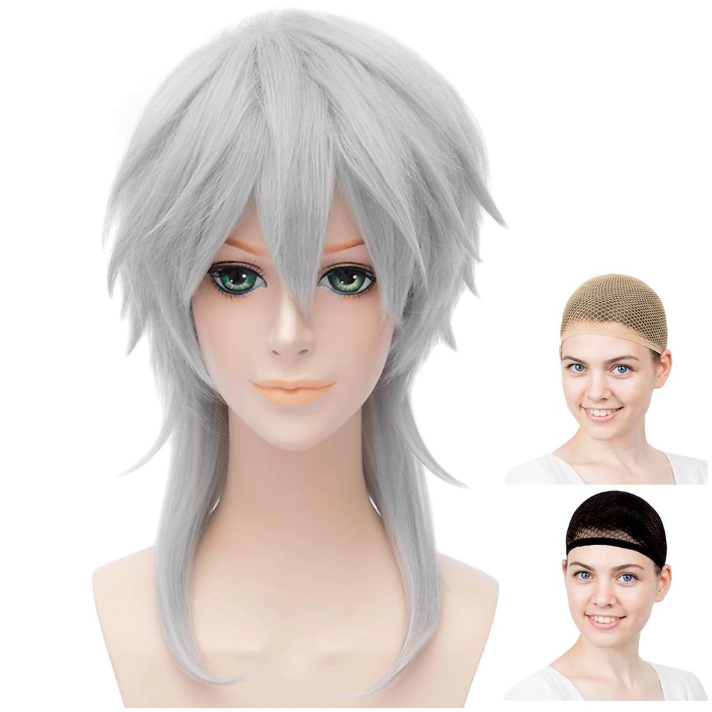 CaseEden Cosplay Wig, Short, Long Nape, Heat-Resistant, Silver-Gray Hair, Includes 2 Wig Nets