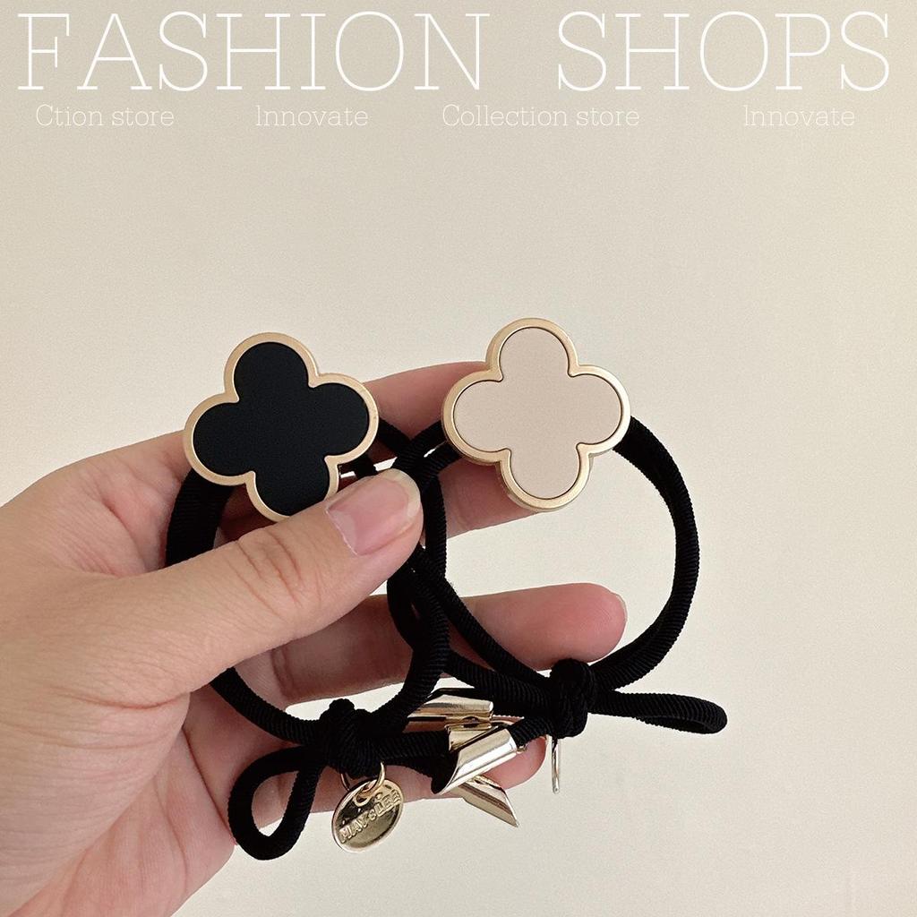 Korean High-End Four-Leaf Clover Hair Tie for Women - Non-Tightening Summer Ponytail Accessory with Black Leather Case