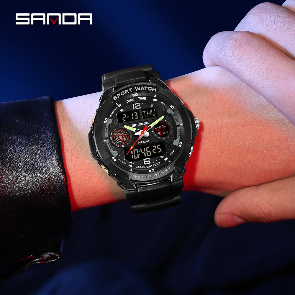 SANDA 6197 Модные мужские электронные часы Спортивные многофункциональные Водонепроницаемые Светодиодные Двойной дисплей Студенческие электронные часы