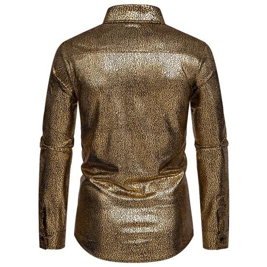 Мужская однобортная рубашка с каменным цветком и золотым тиснением, весенне-осенняя однобортная рубашка с лацканами и длинными рукавами, облегающая повседневная рубашка для банкета