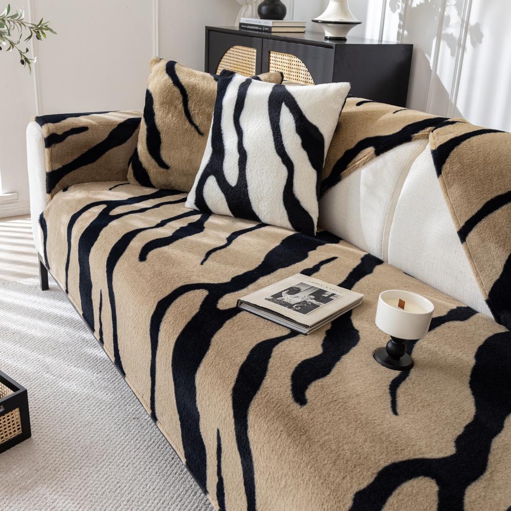 Bunny Cashmere Zebra Pattern Sofa Cushion Autumn and Winter Light Luxury Leather Sofa Cushion Non-Slip New Winter Plush Sofa Cover Cloth