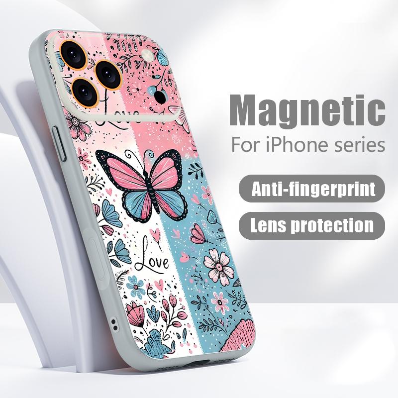 Blue Pink Butterfly Floral Pattern For iPhone 17 Pro Max Funda iPhone 16 15 14 13 Pro Max Skin Feeling Magnetic For Magsafe Shockproof Bumper Cover