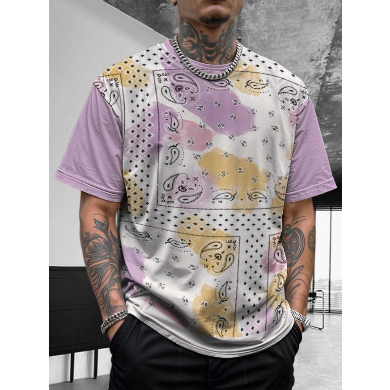 Bohemian Bandana Patterned Short - Sleeve Tops Summer Round Neck 3D Print Fashionable Casual Men's T-shirts