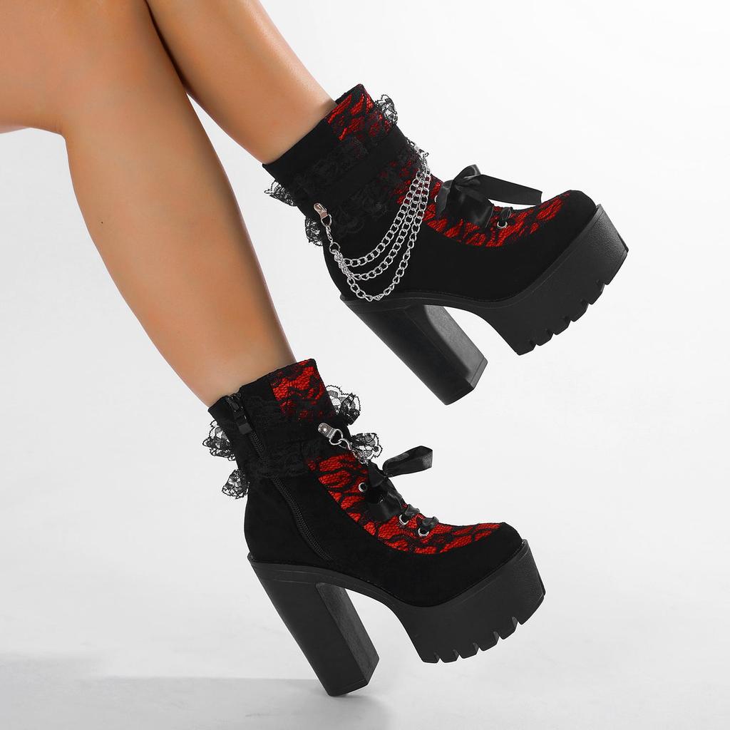 Gdgydh Vintage Gothic Lace Ankle Boots for Women Chunky Heel Side Zipper with Chain Detail Platform Goth Boots High Heels