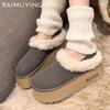 Меховая платформа Женские хлопковые тапочки Замшевые балетки Мюли Зимняя мода Ботильоны с ремешком на пятке Женский тренд 2025 Теплые Женские Зимние Ботинки
