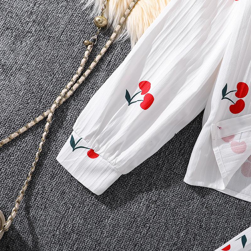 Девочки Осенний Наряд Новый Европейский и Американский Стиль Милый Принт Вишни Рубашка Топ с Длинным Рукавом и Длинные Брюки