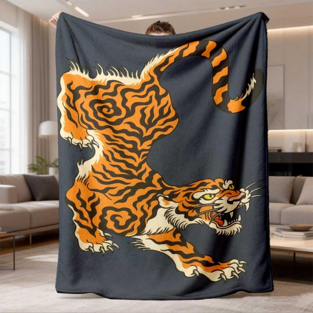 2026 New Arrival Flannel Blanket Cozy Tiger Print Flannel Blanket Soft, Lightweight, Warm, Perfect for Sofa, Bed, Travel, or Camping Vibrant Orange an