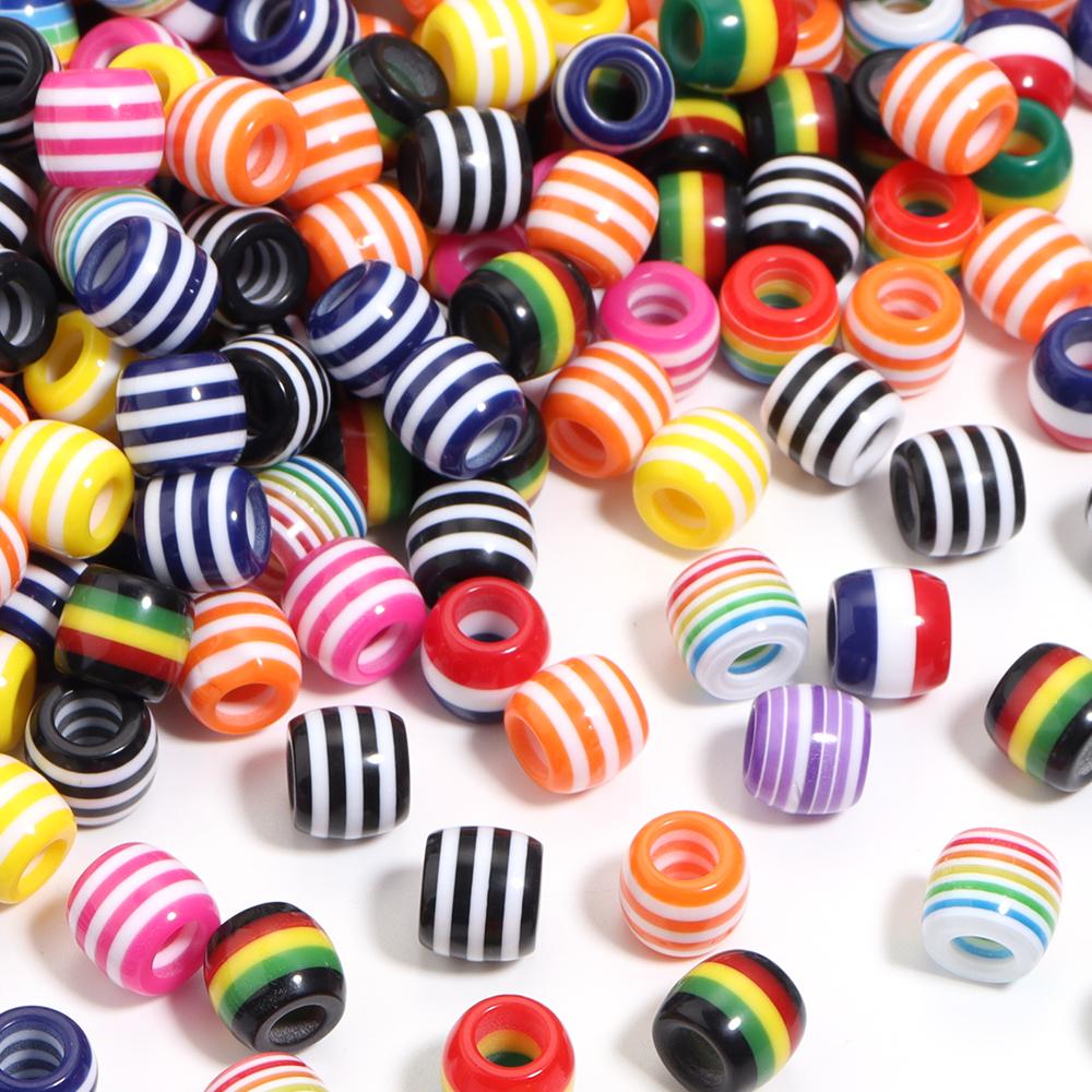 50pcs/lot Barrel Shape Rainbow Striped Resin Beads Big Hole Spacer Beads DIY Bracelet Necklace Jewelry Making Accessories