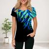 Women Summer T Shirt Blue Bamboo Print Short Sleeve Tees Casual Printed Tops